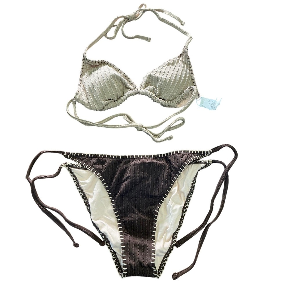 Cupshe String Sexy Boho Bikini Set Textured Ribbed Tan Brown Ties MED NWT
